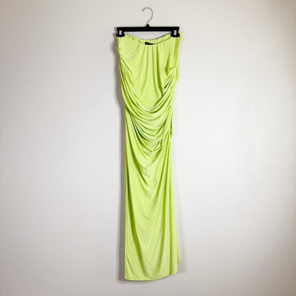 NAKED WARDROBE lime green ruched strapless midi dress NEW MEDIUM